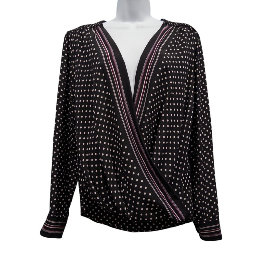 Trina Turk Silk Surplice Wrap Blouse Black Polka Dot Quiet Luxury Office Size M